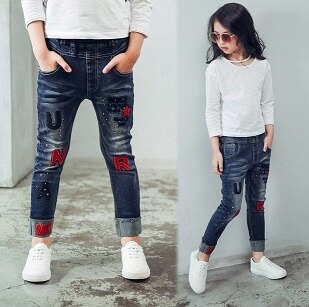 Vrouwelijke Kind Jeans En Najaar Borduurwerk Brief Kinderen Broek Meisjes Casual Broek: 14