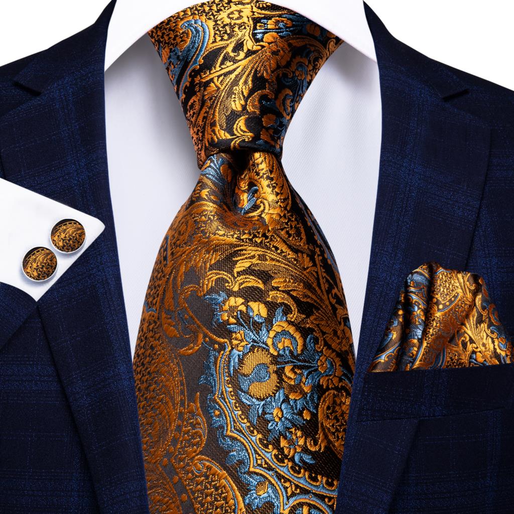 Hi-Tie-corbata de seda a rayas para hombre, corbata de boda a rayas de color naranja o dorado, pañuelo, para de negocios: LZ-0001