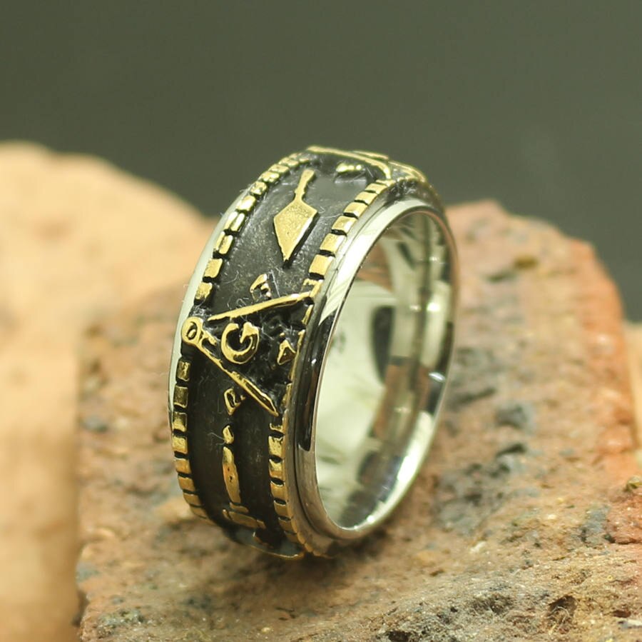 Mens 316L Rvs Freemasons Dubbele Rotatie Ring