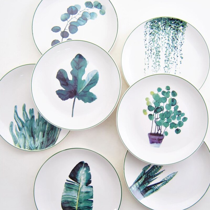 1pcs Christmas Ceramic Plate Handcraft Green Plants Porcelain serving Platter Steak Plates Dishes Home Kitchen Decoration