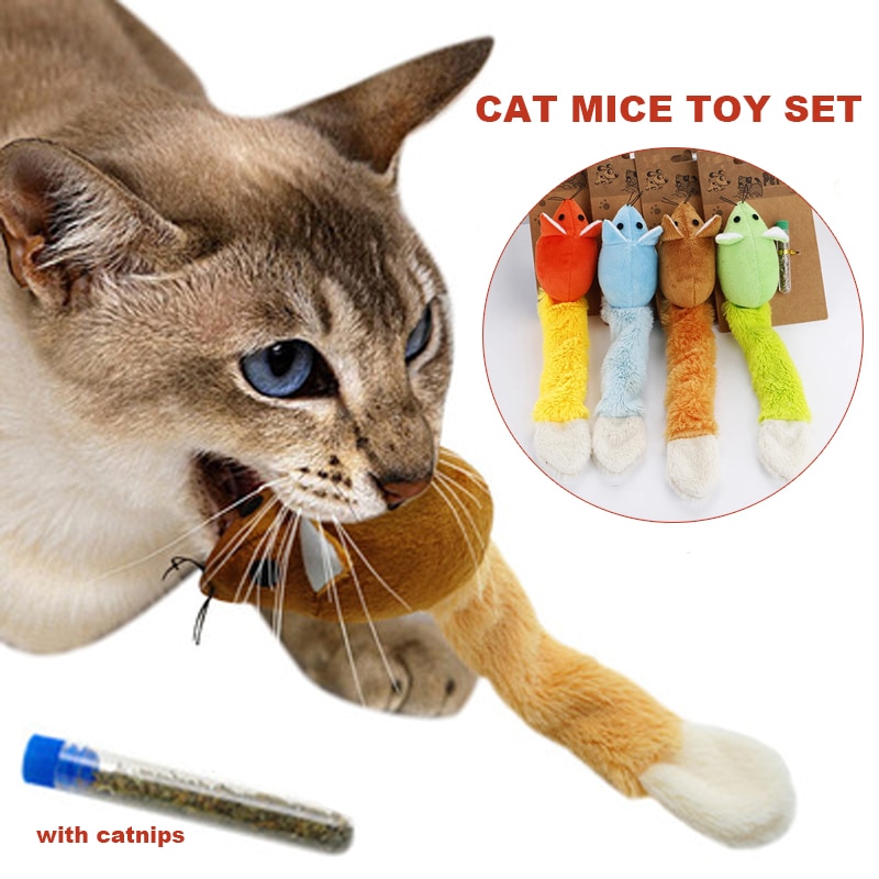 Pet Cat Toy Set Interactive Cats Teaser Toys Plush Mice with Catnips Long Tail Mouse Funny For Kitten