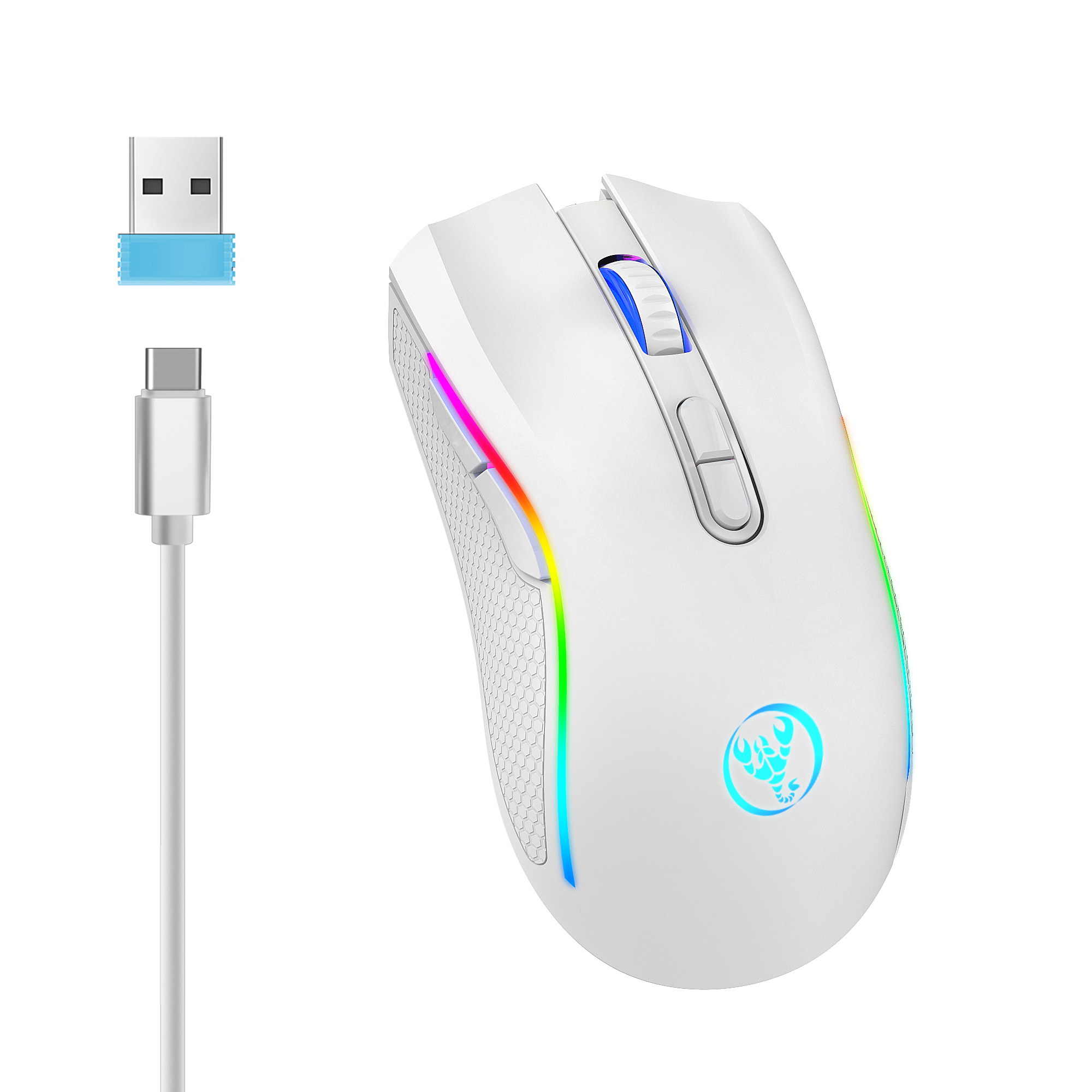 HXSJ T69 ergonomics Portable Cordless 2.4G Rgb Wireless gaming Mouse Laptop Computer Wireless Mouse for game pc: WHITE
