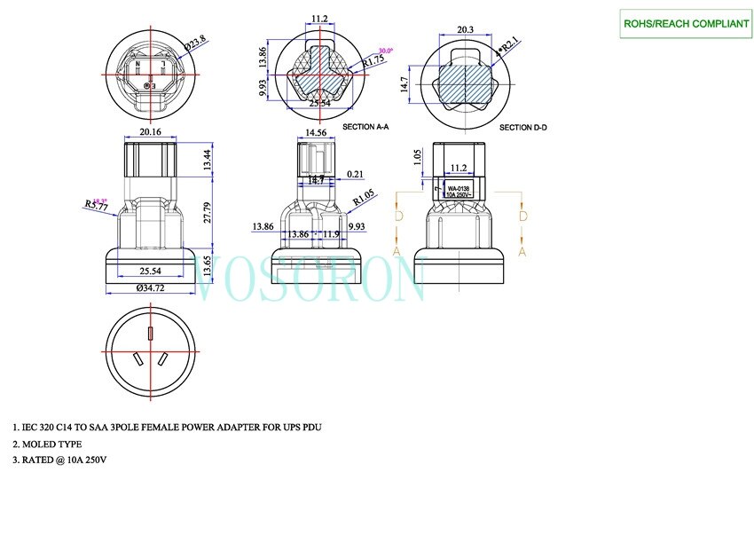 IEC320 C14 TO AU PDU CONVERTER PLUG,IEC 320 C14 para SAA 3 pin female Power adapter*