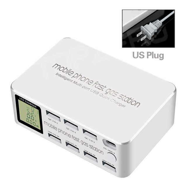 8 Port inteligentna ładowarka USB 100W szybkie ładowanie 3.0 PD 3.0 szybkie ładowanie adapter LCD wielu stacja ładująca USB dla iPhone X XS Samsung: Usa