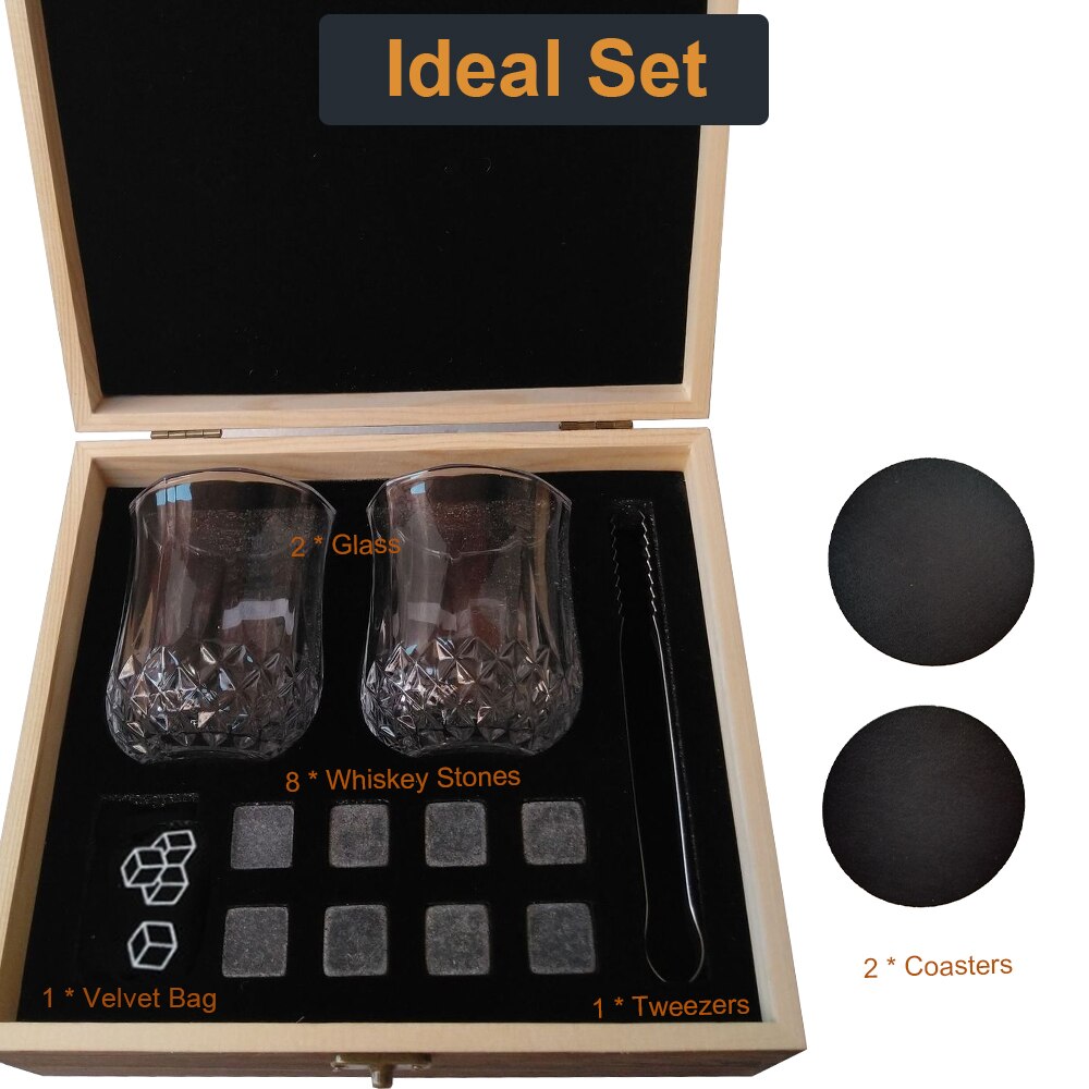 9pcs Whiskey Stones Whiskey Ice Stones Drinks Cooler Cubes Beer Rocks With Wood Case Pouch and Ice Clip Barware Bar Tool 2 Glass: 8pcs