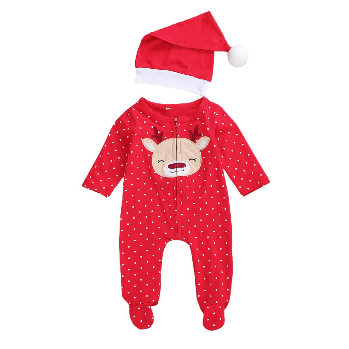 Christmas Newborn Baby Boy Girl Long Sleeve Dot Deer Print Zipper Footies Jumpsuit Hat 2PCS Xmas Clothes