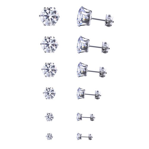 6 pairs/sets Classic Black White Cubic Zircon Stud Earrings Set Stainless Steel Crystal Earrings jewelry for Men Women: A set of white