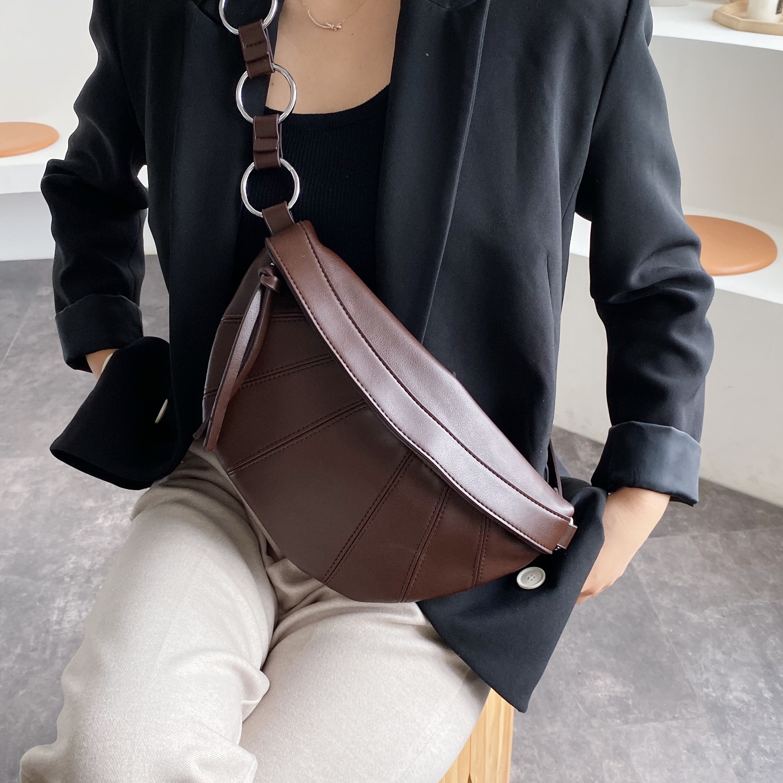 Vintage PU Leather Crossbody Bags For Women Small Solid Color Spliced Shoulder Simple Bag Lady Chest Handbags