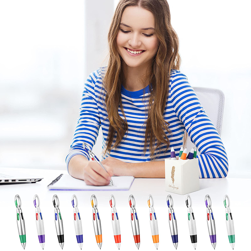 24 Pcs Retractable Shuttle Pens with Carabiner Clip 4-in-1 Ballpoint Pens Multicolor Pens with Buckle Keychain on Top