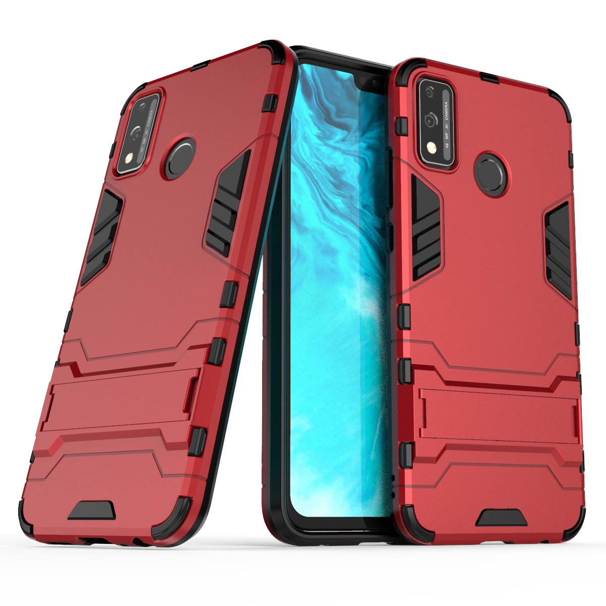 Hybrid armor -kotelo honor 9 9x 9i 9a lite 8s 8c max 7x 6x prolle ja telineellä, suojakuori honor play 4t note 10 x10 max 5g:lle: Eva / Punainen