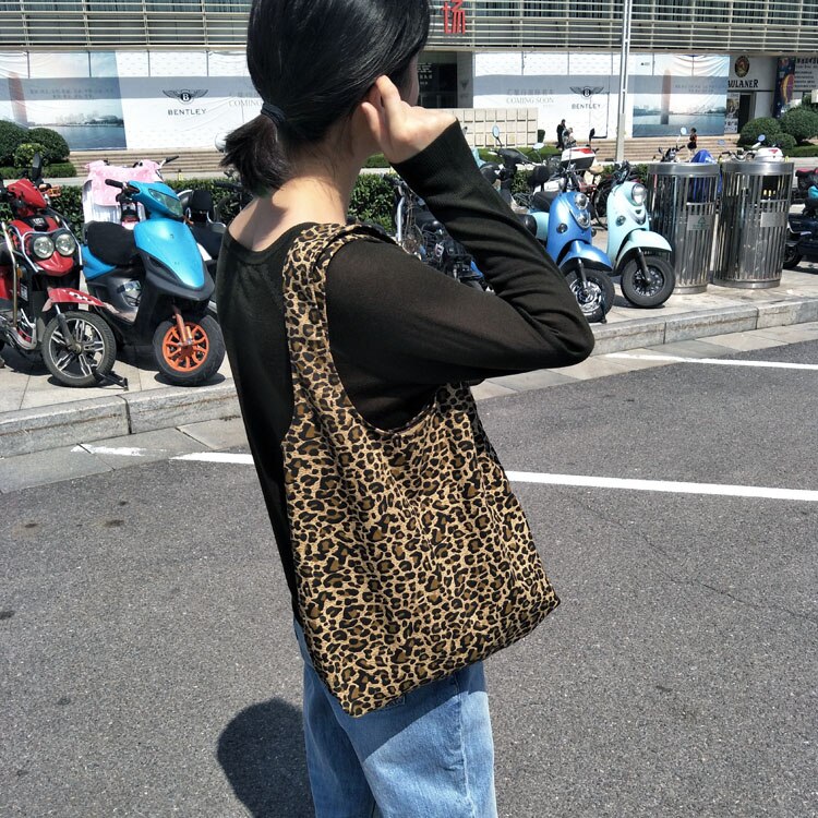 Women Canvas Vest Shoulder Bags Leopard Printing Shopping Bags Girls Casual Cotton Cloth Eco Reusable Handbags Tote