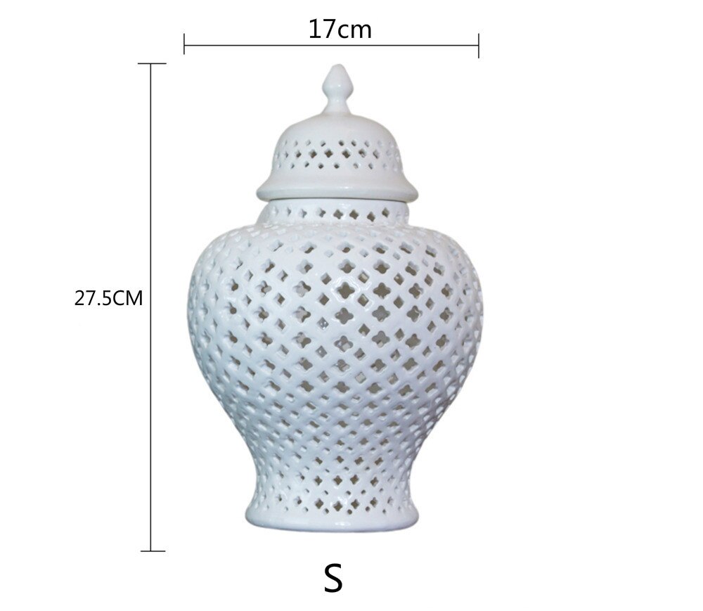 White Ceramic Ginger Jar Hollow Storage Jars with Lid Retro Universal Tank Ceramic Vase Handicraft Storage Ornaments Home Decor: White-S