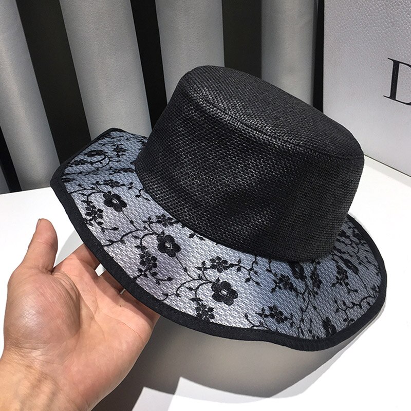 Franse Stijl Vrouwen Witte Hoed Bloem Patroon Strand Zonnehoed Haak Packable Reizen Vrouwen Hoed Derby Kerk Hoed Dames Schipper hoed: Black