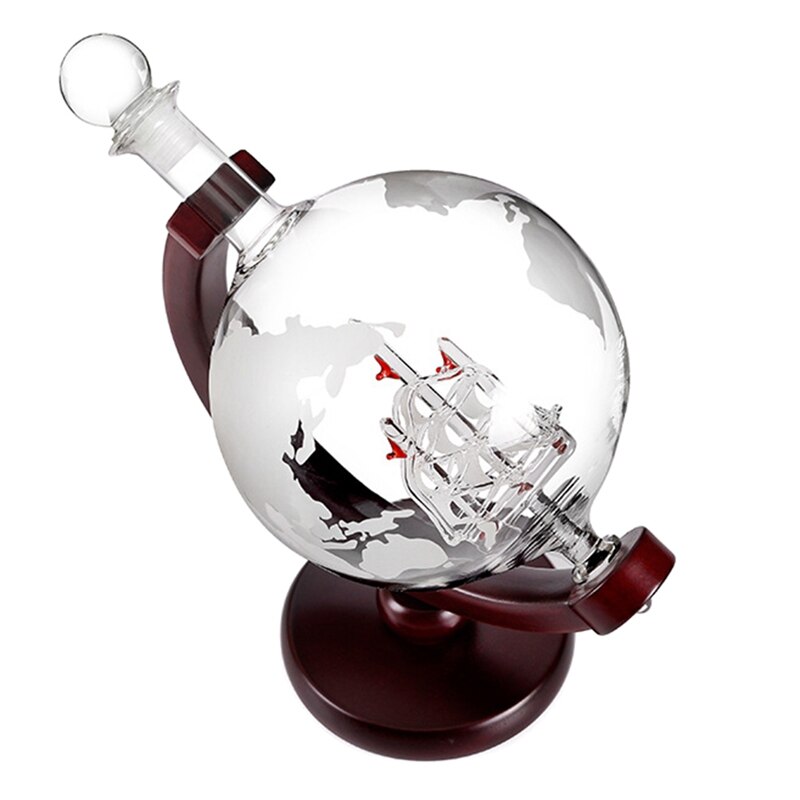 850ML Whiskey Decanter Antique Ship Whiskey Dispenser For Liquor Vodka Globe Decanter With Finished Wood Stand