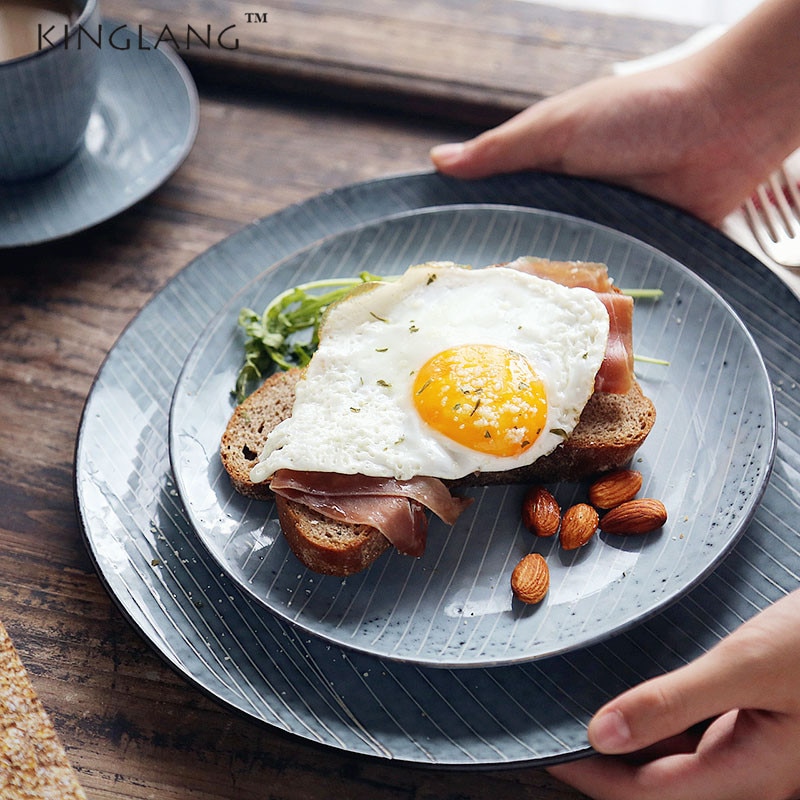 KINGLANG assiettes japonaises en céramique | Plat à dîner, assiette à viande, plateau de petit déjeuner occidental assiettes