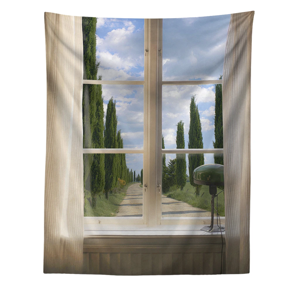 Tapiz de paisaje de ventana para colgar en la pared, decoración Vintage para habitación de niña, arte bohemio, estética, dormitorio, Sábana de colchón de Yoga: 1.440 mm × 960 mm / Negro