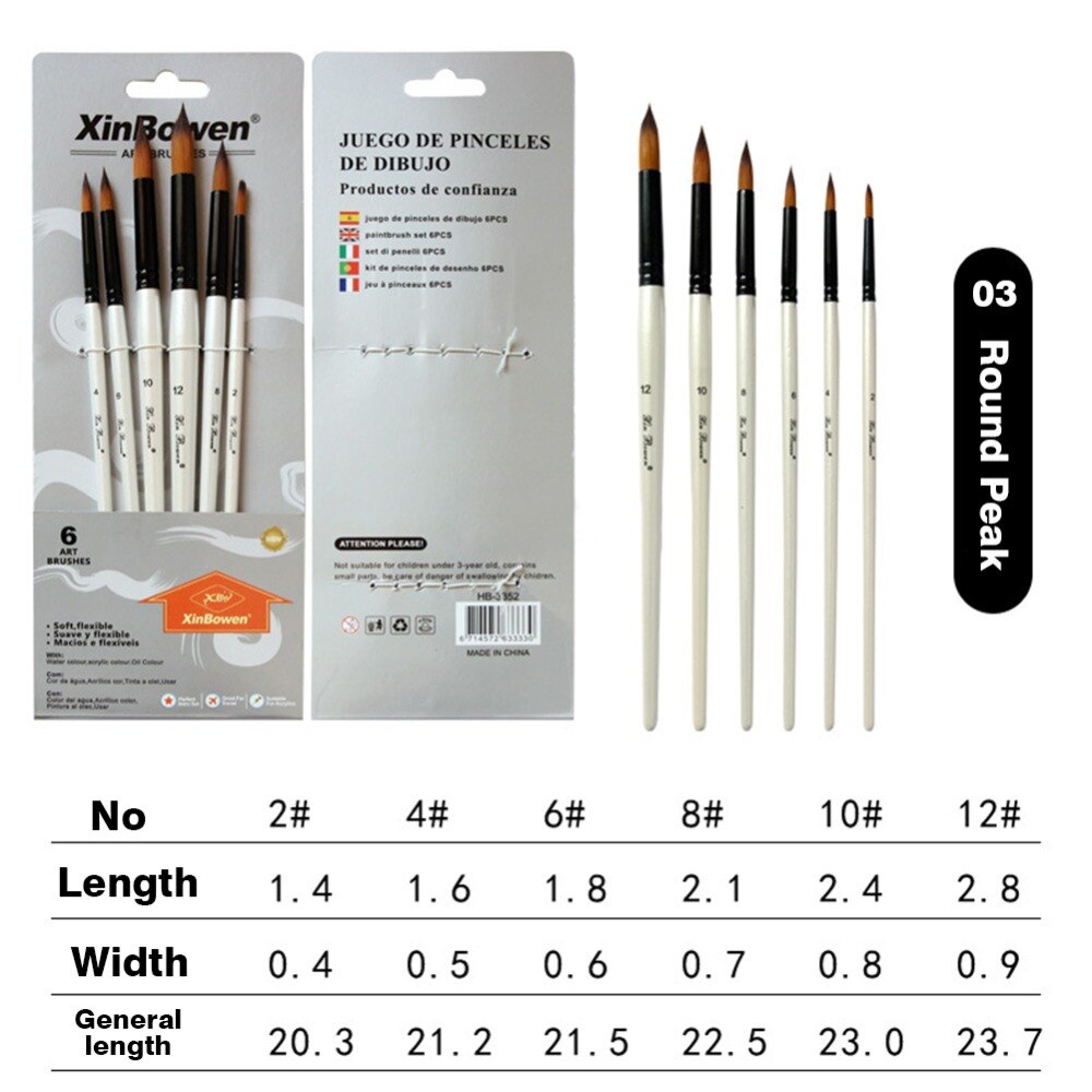 Juego de Pinceles con mango de madera para dibujo artístico, Set de pinceles con pelo corto de nailon para pintura, material de dibujo, 6 unids/set