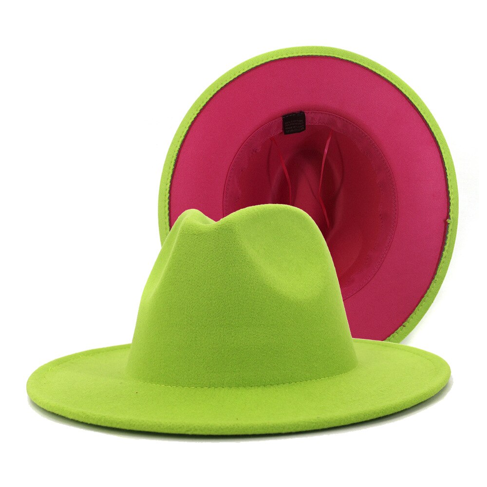 QBHAT Pink and Lime Green Patchwork Wool Felt Fedora Hats Women Large Brim Panama Trilby Jazz Cap Derby Hat Sombrero Mujer