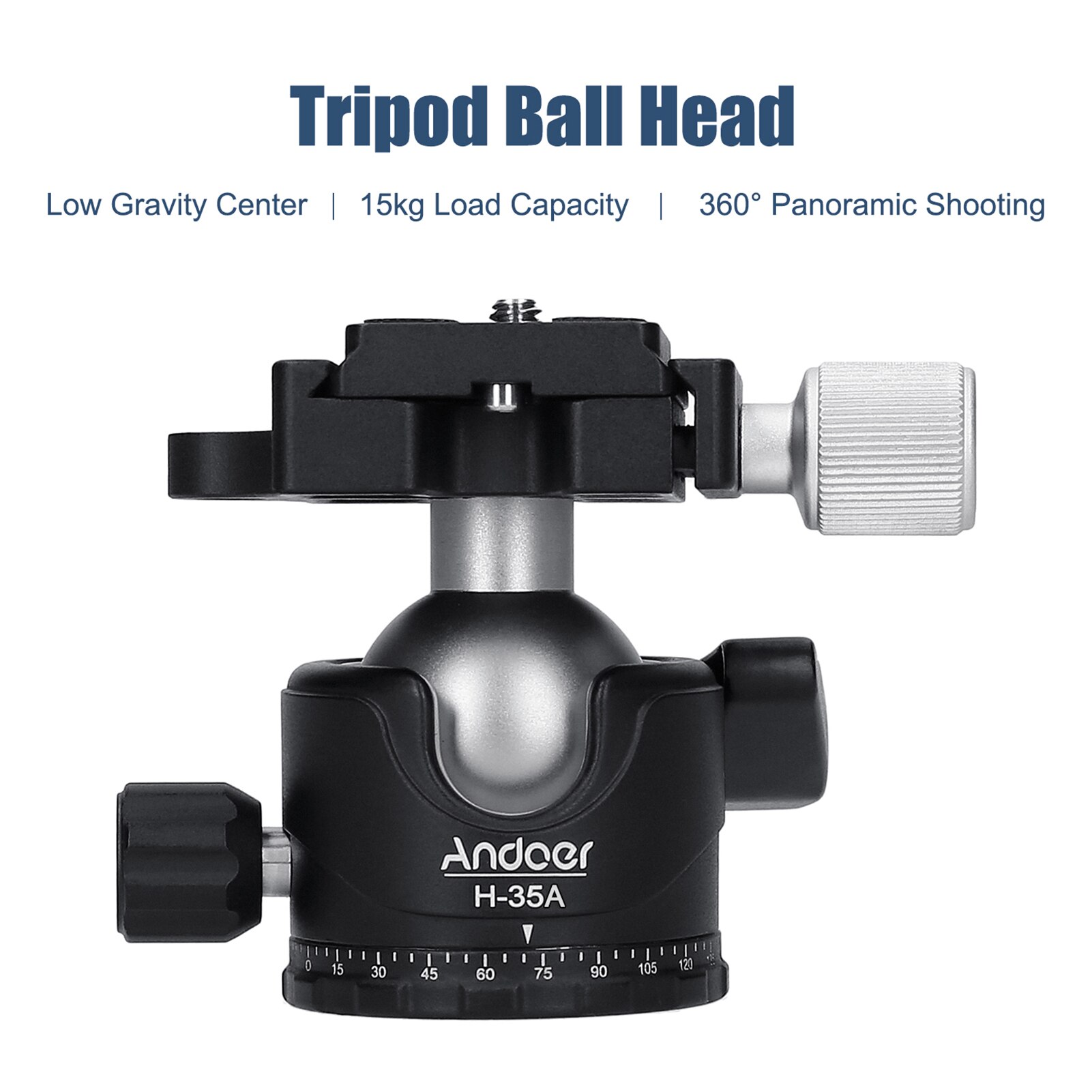 Andoer H-35A Aluminium Alloy Panorama Ballhead Tripod Mount Adapter U-Groove Low Gravity Center Ballhead Max. Load Capacity 15kg