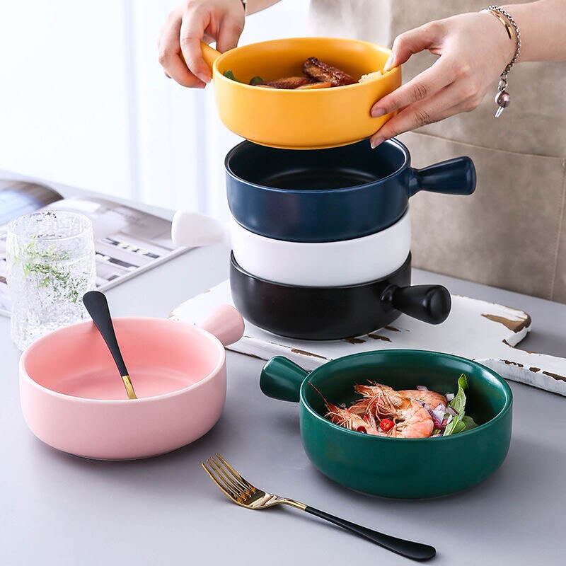 Nordic Ceramic Salad Bowl Single Handle Breakfast Cereal Fruit Bowl Solid Color Dessert Soup Noodle Bowl Microwave Oven Special