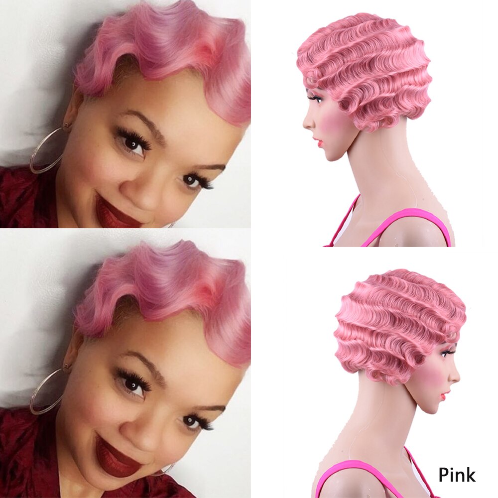 Korte Rode Vinger Wave Pruik Bruin Blonde Krullend Synthetische Pruiken Voor Zwarte Vrouwen Hittebestendige Afro-amerikaanse Pixie Cut Mama pruik: Roze