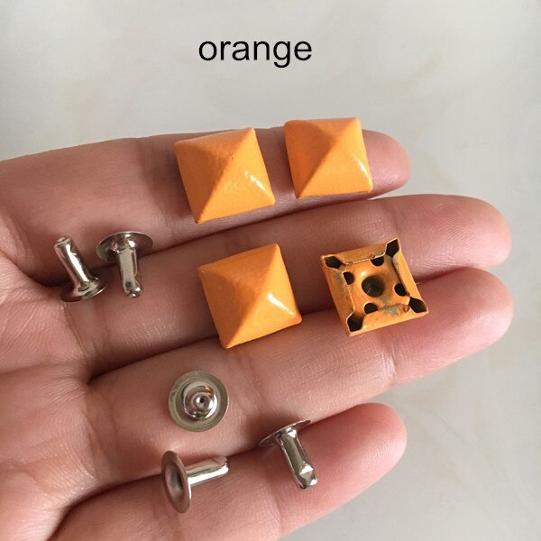 100 sets Plump Pyramid Rivet Spike With Base,12*12mm Square Metal Rivet Studs Punk Style DIY Rivets For Garments Decoration: orange color