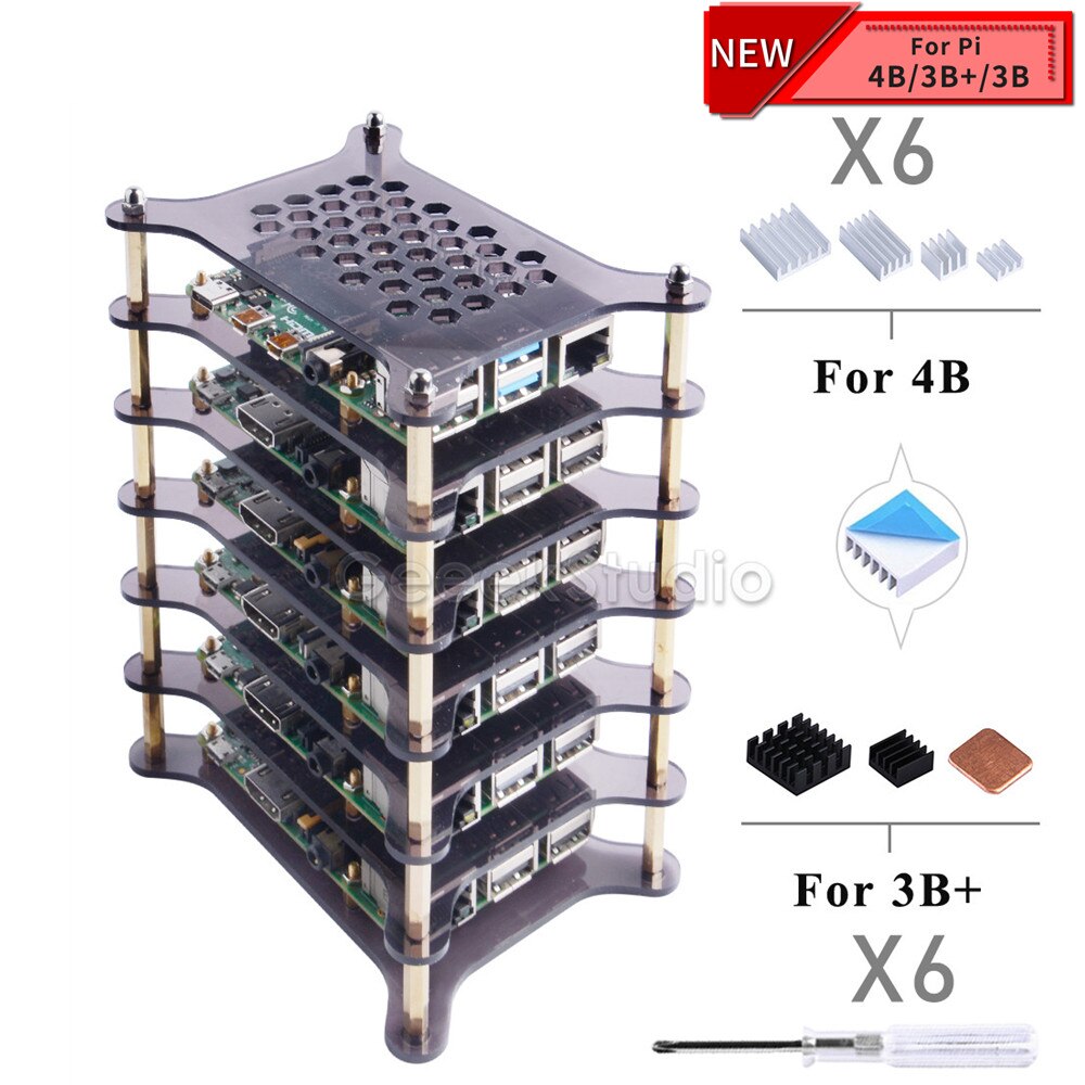 6 Lagen Transparant Clear/Donkerbruin Acryl Case Met Heatsink Set Schroevendraaier Voor Raspberry Pi 4 B / 3B + / 3B / 2B / B +