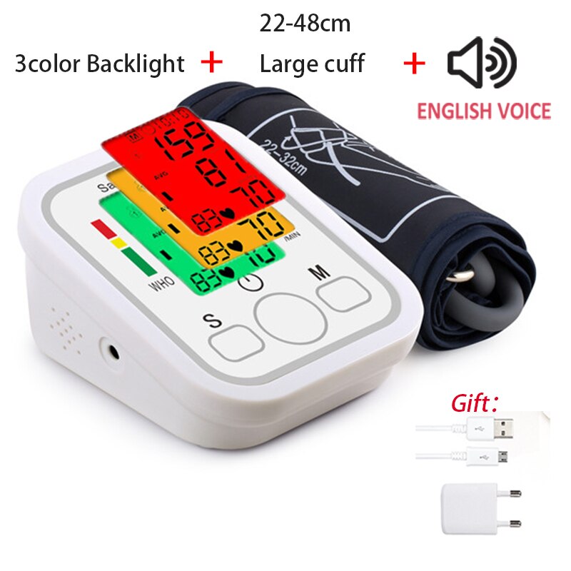 Tonometer Automatic Arm Digital Blood Pressure Monitor Digital LCD Sphgmomanometer Heart Rate Pulse Meter BPMonitor Health Care: 3colorENVoice-22-48