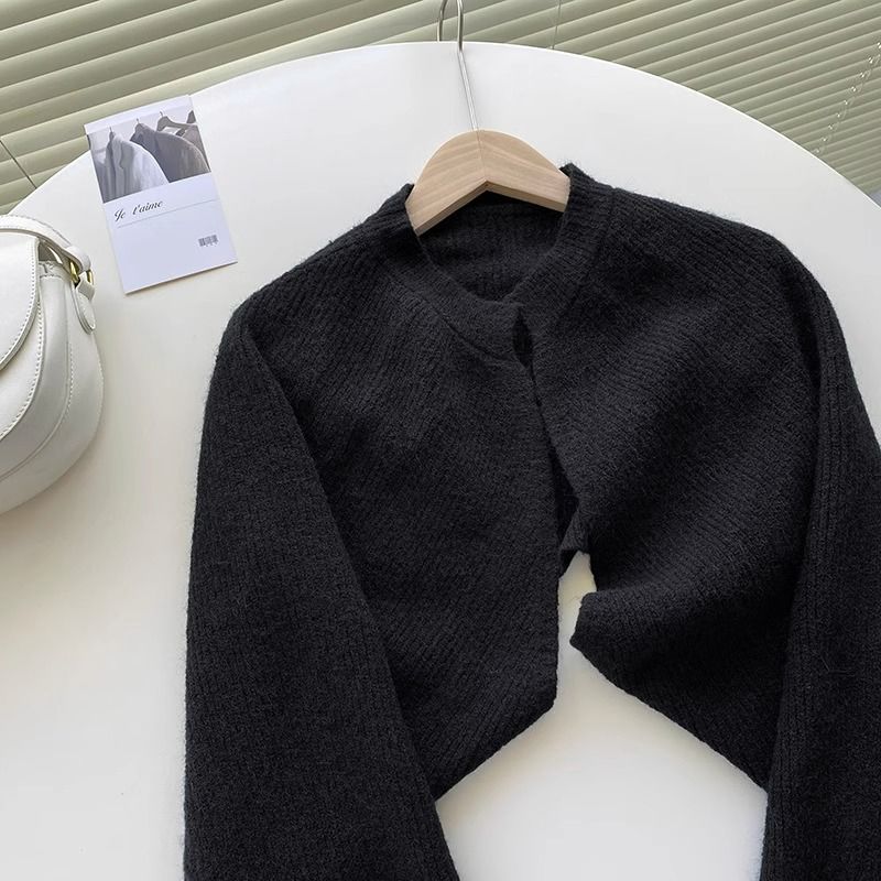 Frans kort gebreid vest met vleermuismouwen trui jas herfst winter minimalistische gelaagde cape: S / Black