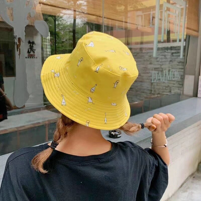 Portable des deux côtés Panama seau casquette unisexe coton dessin animé seau chapeau hommes femmes Bob casquette Hip Hop pêche en plein air jaune chapeau