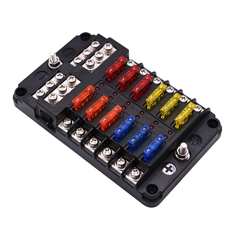 Boîte à fusibles 12 voies porte-fusible porte-écrou à vis avec Bus négatif 5A 10A 15A 20A fusibles gratuits indicateur LED pour automobile