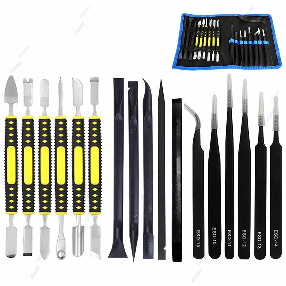 Kit d'outils de réparation de téléphone portable 18 en 1, double Spudger métallique ESD pincettes ouverture écran LCD outils de démontage pour téléphone portable SMD: 17 in 1