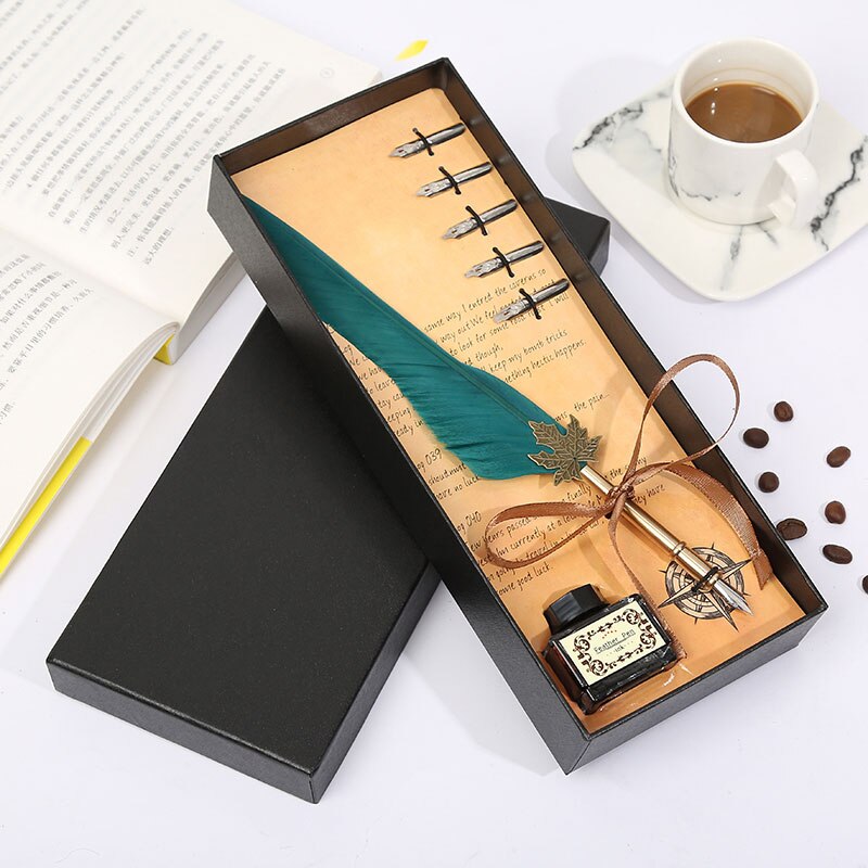 Retro Vintage Kalligrafie Veer Pen Schrijven Pen Briefpapier Geschenkdoos Bruiloft Student Briefpapier Set: Dark Green