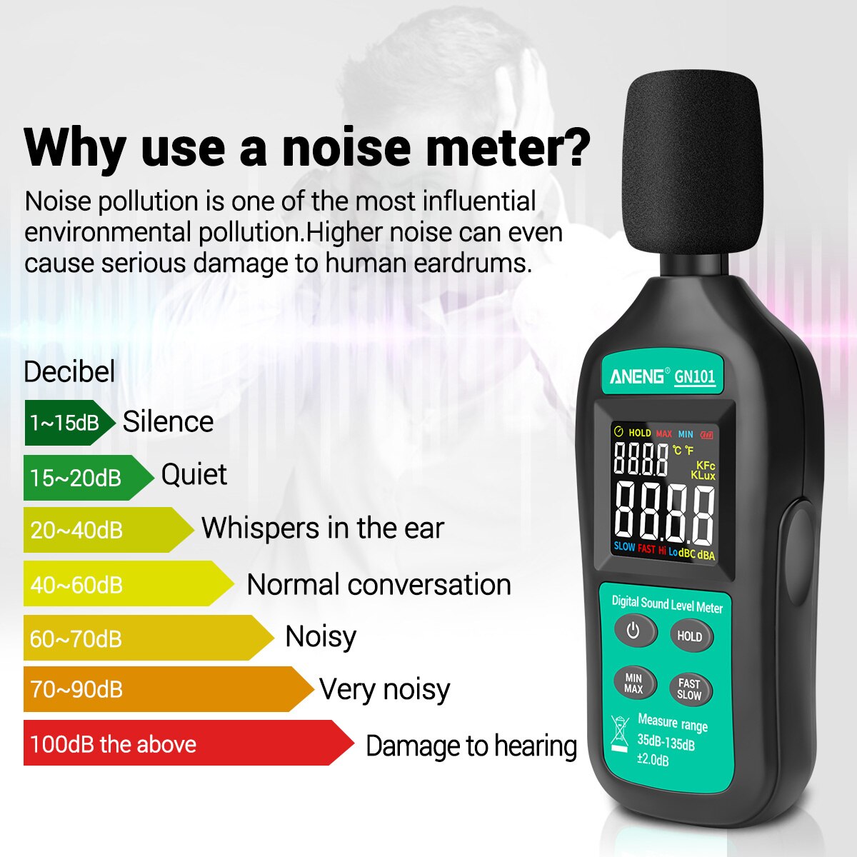 Aneng Digitale Noise Meter 35db-135db Decibel Meter Lcd Display Sound Level Meter Hoge Precisie Geluid Decibel Monitor