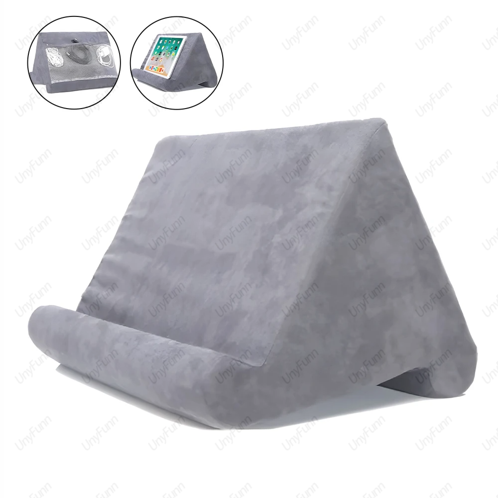Zachte tabletkussenshouder met kabelzak Pad Tabletbeugel Dock voor schootbed en bureau voor iPad Telefoon Kindle Leesstandaard: GRIJS