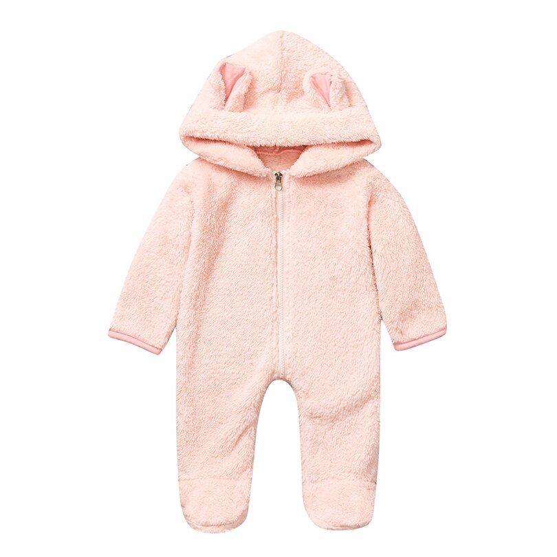 Pasgeborenen Hooded Oren Footies Baby Jongen Meisje Solid Winter Fleece Warm Lange Mouwen Jumpsuit Rits Uitloper Baby Kleding 0-18M A20