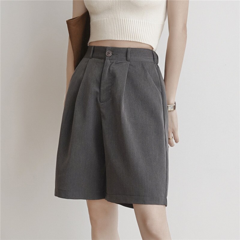 Short femme ample Short minceur taille haute noir décontracté large jambe costume cinq points pantalons Femme Streetwear Pantalon Court: L / GRIS