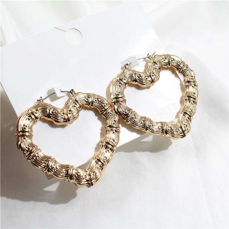 Hip Hop Gold Color Metal Large Square Bamboo Earrings Big Circle Bamboo Joint Hoop Earrings For Women Jewelry Party: Heart