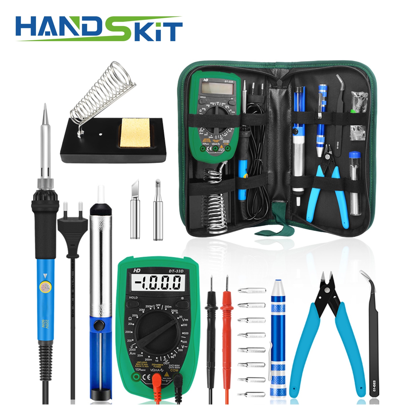 handskit soldering Iron Kit 60W Adjustable Temperature Welding Tool, Digital Multimeter,Soldering Iron Tips, Desoldering Pump