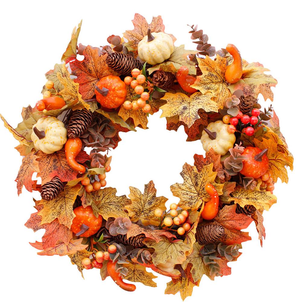 Tema de otoño puerta corona Artificial de cono de pino Arce Artificial guirnalda tela corona de mimbre Día de Acción de Gracias de la decoración del hogar