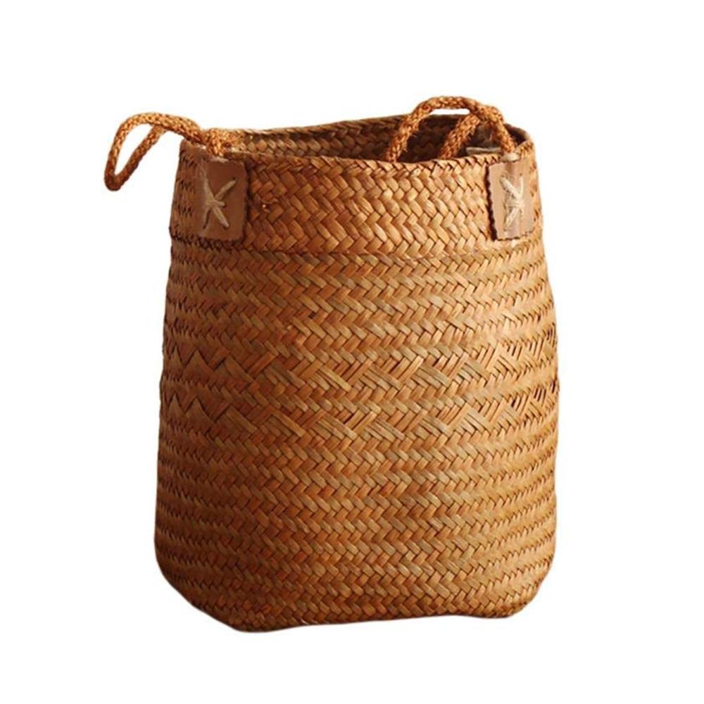 Seagrass Woven Storage Baskets Garden Flower Vase Hanging Basket Rattan Planter Potted Organizer Home Laundry Basket with Handle: Yellow / S
