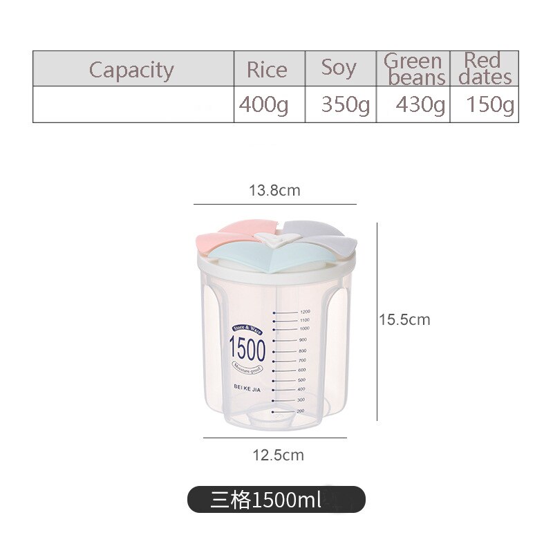 Food Storage Box Rotating Dry Rice Container Grain Tank Moisture-Proof Sealed Cans Separate Transparent Organizers: 3 grid-1500ml