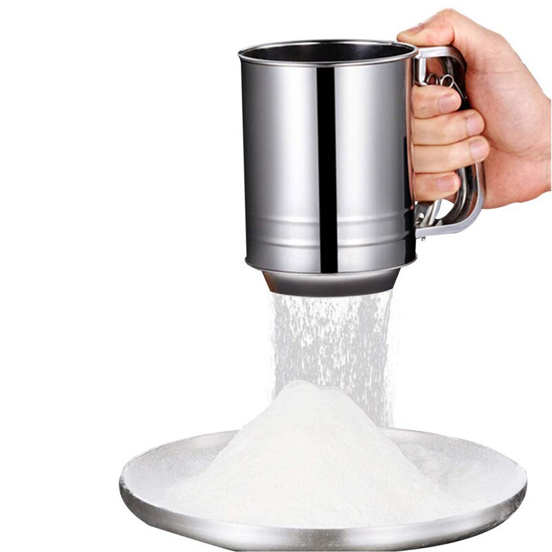 Hand-held thick stainless steel medium flour sieve powder cup sieve semi-automatic hand-held cup filter tool cake handmade sieve