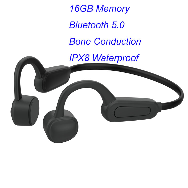 003 Waterproof IPX8 Diving Swimming Surfing Wireless MP3 Player 16GB Bone Conduction Bluetooth Headset Music Player: 16GB  black