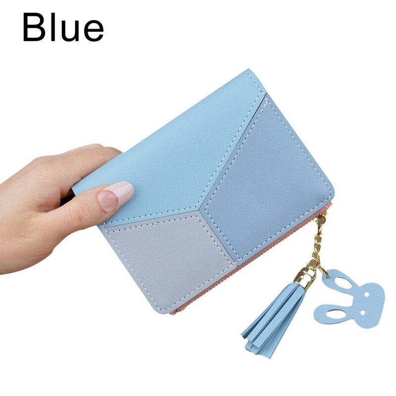 Ladies Wallet Short Zipper Student Tassel Korean Small Patchwork Coin Purse Soft Leather Thin Wallet Women: color 3