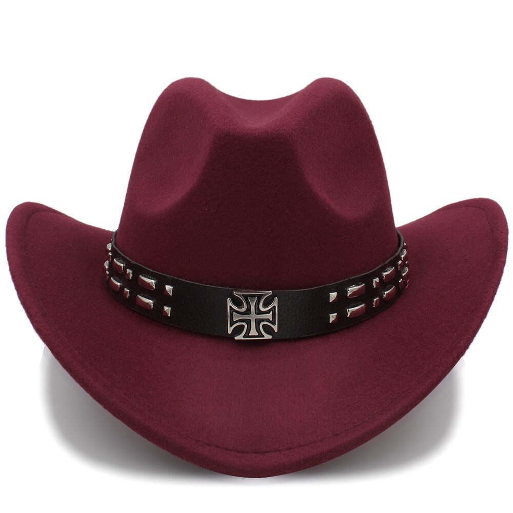 Kvinder uld western cowboy hat med roll-up brim kirke dame jazz hestesport sombrero hombre steampunk cap størrelse 56-58cm: Rødvin