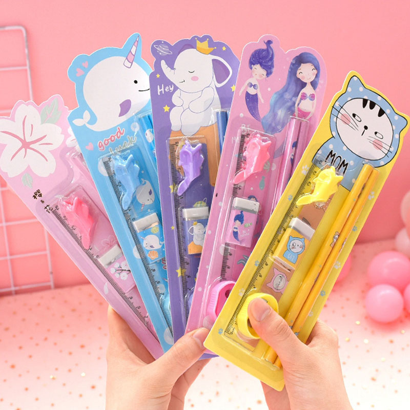 Conjunto de lápices lindos Kawaii con goma de borrar soporte de pluma con sacapuntas para la escuela de los niños 6 piezas de papelería Set de