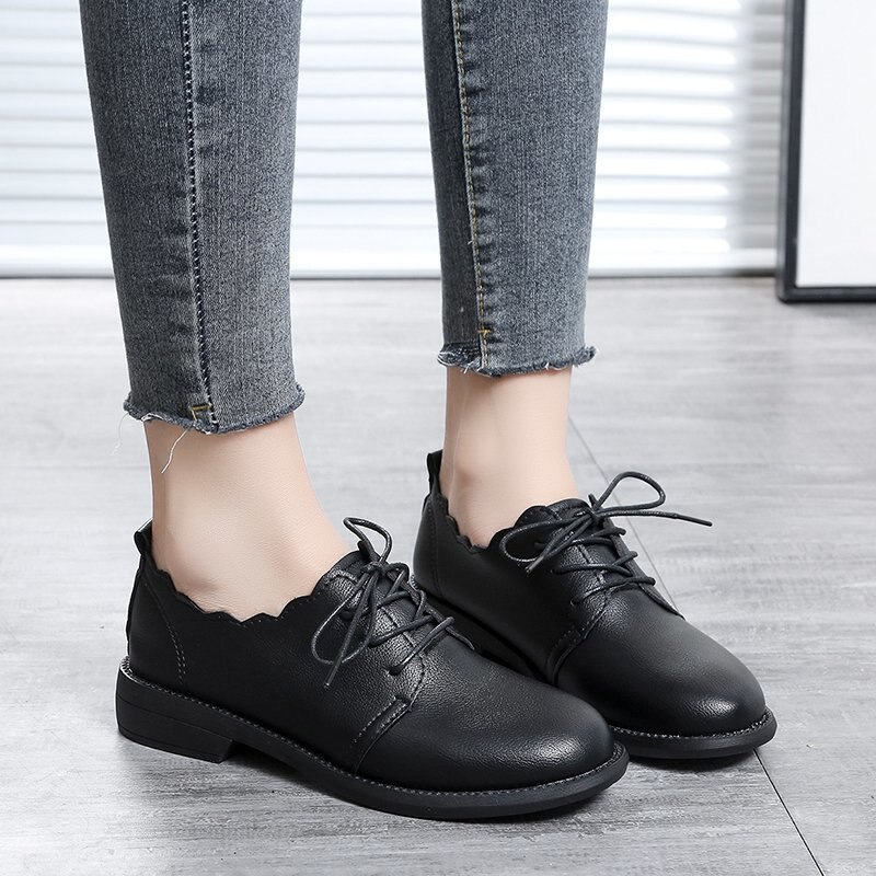 Zapatos informales De cuero liso Oxford para Mujer, calzado plano con cordones y tacón bajo cuadrado, Zapatos De Mujer