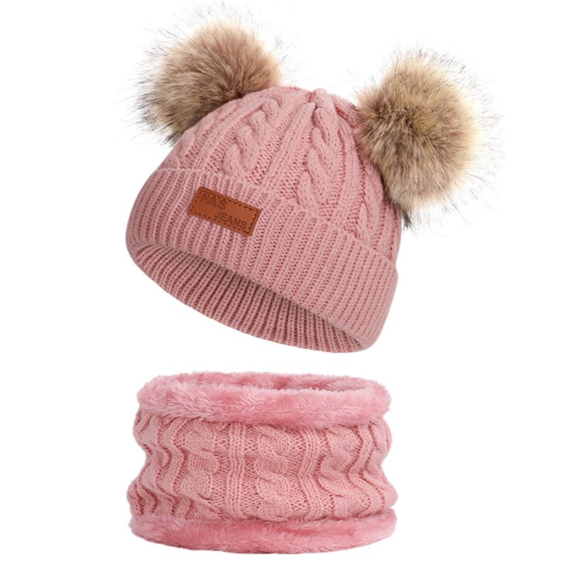 Børns vinter varm dragt strik hat tørklæde dreng / pige pom-pom hat bønne hagesmæk ski varme kasketter udendørs hovedbeklædning 2 stykke sæt baby: Mørk lyserød