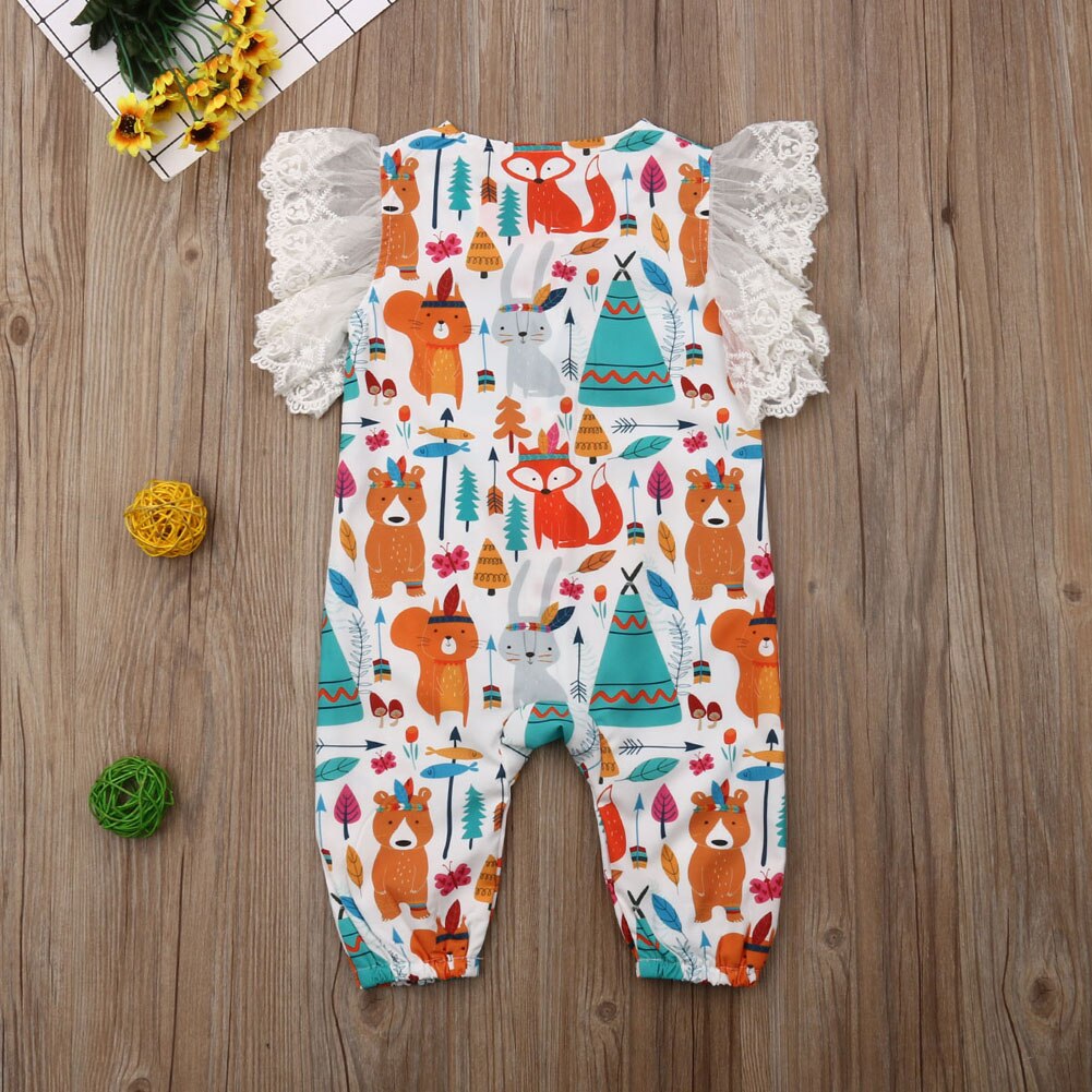 Baby sommer tøj 1-5y spædbarn baby pige romper tøj blonder korte ærmer tegneserie dyre jumpsuit strand casual bukser